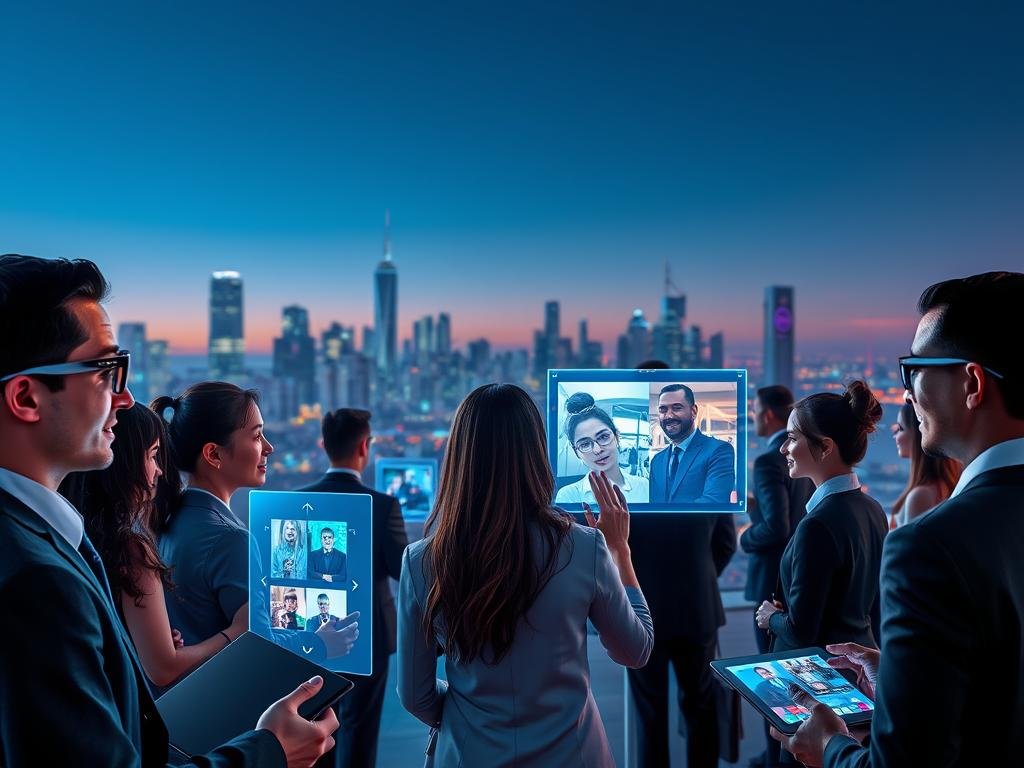 A futuristic digital landscape showcasing the integration of voice, photo, and video interactivity. In the foreground, a diverse group of users, dressed in professional business attire, engage with holographic interfaces displaying vibrant images and video feeds. The middle ground features sleek, modern tech devices like smart glasses and interactive screens, illuminated with a cool blue light. The background presents a city skyline with high-tech architecture, bathed in a soft twilight glow. The scene exudes a sense of connectivity and excitement, symbolizing the evolution of communication in 2026. The atmosphere is dynamic and engaging, highlighting the seamless blend of technology in daily interactions, with the brand aesthetic of "sexlove.ai" subtly integrated into the design elements. A futuristic digital landscape showcasing the integration of voice, photo, and video interactivity. In the foreground, a diverse group of users, dressed in professional business attire, engage with holographic interfaces displaying vibrant images and video feeds. The middle ground features sleek, modern tech devices like smart glasses and interactive screens, illuminated with a cool blue light. The background presents a city skyline with high-tech architecture, bathed in a soft twilight glow. The scene exudes a sense of connectivity and excitement, symbolizing the evolution of communication in 2026. The atmosphere is dynamic and engaging, highlighting the seamless blend of technology in daily interactions, with the brand aesthetic of "sexlove.ai" subtly integrated into the design elements.
