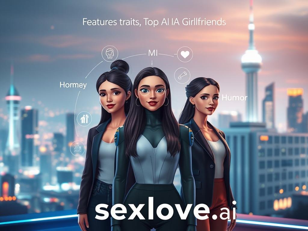A futuristic digital landscape showcasing the key features and personality traits of top AI girlfriends. In the foreground, three AI avatars with diverse appearances, each representing unique traits like empathy, intelligence, and humor. The avatars are dressed in modern, stylish outfits, symbolizing their approachable and friendly nature. In the middle ground, vibrant holographic displays illustrate features such as conversational skills, emotional responsiveness, and adaptability, swirling around the avatars. The background features a sleek, high-tech cityscape bathed in soft, ambient lighting, evoking a sense of innovation and warmth. The atmosphere is inviting and optimistic, embodying the essence of companionship. Ensure the brand name "sexlove.ai" is subtly integrated into the design, harmonizing with the overall aesthetic.