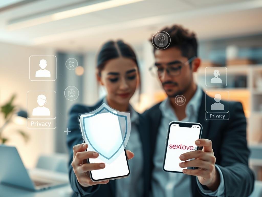 A futuristic digital landscape showcasing the themes of privacy, customization, and pricing considerations in digital companionship. In the foreground, a professional-looking couple examines a sleek smartphone displaying the brand "sexlove.ai," indicating a connection through a digital companion app. The middle ground features a transparent privacy shield symbolizing data protection, with floating icons representing customization options, such as avatars and preferences. The background includes soft, ambient lighting illuminating a modern workspace with elements like a laptop and a coffee cup, creating a warm, inviting atmosphere. The colors should be a blend of soft blues and greens to evoke trust and innovation, captured with a slight depth of field to emphasize the couple and their interaction with technology, ensuring a safe-for-work and professional representation. A futuristic digital landscape showcasing the themes of privacy, customization, and pricing considerations in digital companionship. In the foreground, a professional-looking couple examines a sleek smartphone displaying the brand "sexlove.ai," indicating a connection through a digital companion app. The middle ground features a transparent privacy shield symbolizing data protection, with floating icons representing customization options, such as avatars and preferences. The background includes soft, ambient lighting illuminating a modern workspace with elements like a laptop and a coffee cup, creating a warm, inviting atmosphere. The colors should be a blend of soft blues and greens to evoke trust and innovation, captured with a slight depth of field to emphasize the couple and their interaction with technology, ensuring a safe-for-work and professional representation.