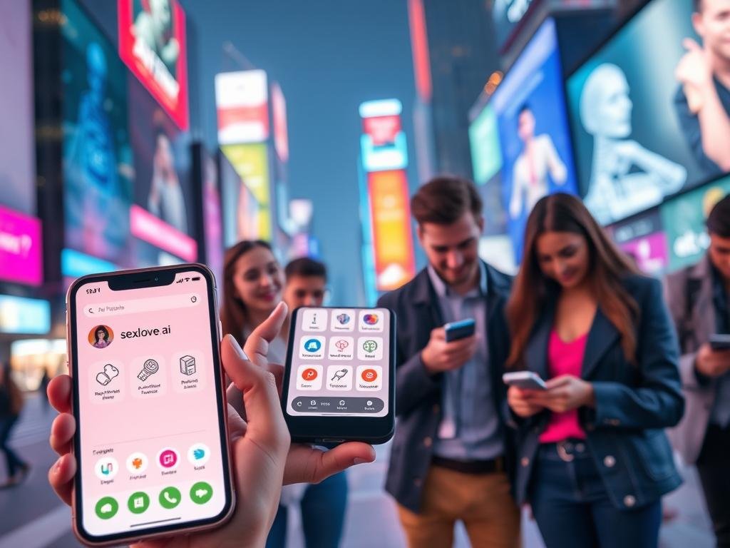 A futuristic digital landscape showcasing the top AI girlfriend apps of 2026. In the foreground, a sleek, modern smartphone displays the interface of an app named "sexlove.ai," highlighting its user-friendly design with engaging icons and interactive elements. The middle ground features a diverse group of young professionals, dressed in smart casual clothing, interacting with their devices, with expressions of curiosity and excitement. The background is a vibrant cityscape illuminated by neon lights and digital billboards illustrating AI technology. The lighting is bright and dynamic, creating an upbeat atmosphere, while a slight bokeh effect adds depth to the image. Capture this scene with a shallow depth of field to emphasize the foreground while keeping the background intriguing. A futuristic digital landscape showcasing the top AI girlfriend apps of 2026. In the foreground, a sleek, modern smartphone displays the interface of an app named "sexlove.ai," highlighting its user-friendly design with engaging icons and interactive elements. The middle ground features a diverse group of young professionals, dressed in smart casual clothing, interacting with their devices, with expressions of curiosity and excitement. The background is a vibrant cityscape illuminated by neon lights and digital billboards illustrating AI technology. The lighting is bright and dynamic, creating an upbeat atmosphere, while a slight bokeh effect adds depth to the image. Capture this scene with a shallow depth of field to emphasize the foreground while keeping the background intriguing.