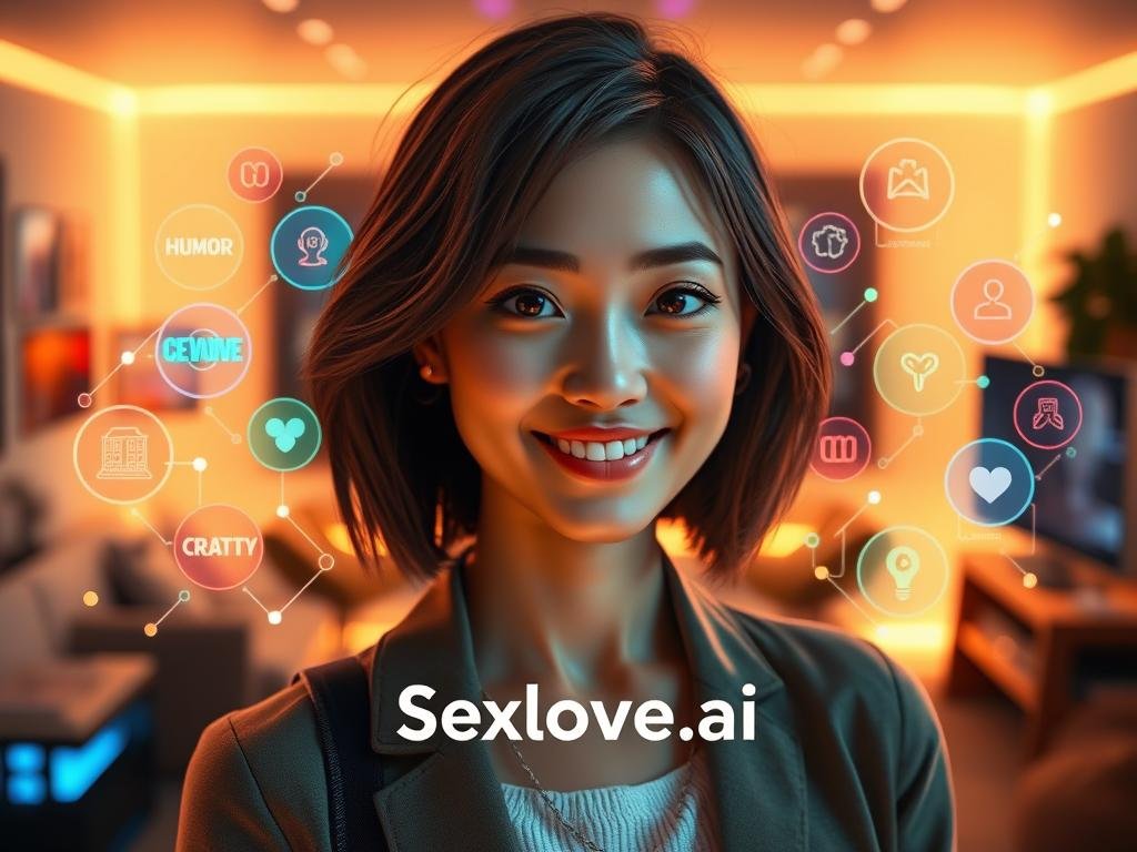 A futuristic, digital representation of an AI dream girlfriend, portraying a vibrant personality. In the foreground, a young woman with an inviting smile, dressed in smart casual attire, radiates warmth and sophistication. Her expressive eyes reflect intelligence and openness, and her hairstyle is modern yet approachable. In the middle ground, soft glowing circuitry patterns hint at her AI nature, intertwining with colorful holograms displaying various personality traits&mdash;humor, empathy, creativity&mdash;surrounding her. The background features a cozy, advanced tech setup room, bathed in soft, ambient lighting that creates an inviting atmosphere. A warm color palette enhances the feeling of comfort and connection, as if she&rsquo;s ready to engage in a meaningful conversation. The entire scene should evoke a sense of warmth and modernity, emphasizing the blend of technology and human-like personality. Include the brand name "Sexlove.ai" subtly integrated into the ambiance, ensuring it reflects the futuristic theme.