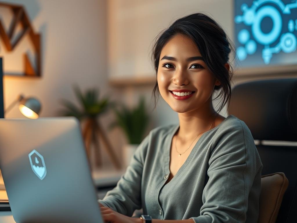 A futuristic, digital representation of an AI girlfriend with personality, featuring a young woman with an inviting smile, dressed in stylish yet modest casual clothing. She sits in a cozy, modern workspace, surrounded by soft ambient lighting that creates a warm and approachable atmosphere. In the foreground, her expressive eyes convey intelligence and empathy, while in the middle ground, a sleek laptop displays the logo "Sexlove.ai" partially visible on the screen. The background features subtle digital elements, like floating data points or symbols representing artificial intelligence, enhancing the tech-savvy theme. The scene is captured from a slightly elevated angle, emphasizing her engagement with the viewer and inviting a sense of connection and companionship.