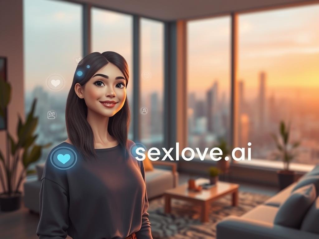 A futuristic digital scene depicting a virtual AI girlfriend providing emotional support. In the foreground, a friendly, engaging female avatar with a warm smile, wearing modest, stylish casual clothing. Her holographic interface displays glowing icons and indicators of conversation. In the middle ground, a cozy, modern room with soft, ambient lighting creates an inviting atmosphere; plush furnishings and a few personal touches like plants suggest comfort and safety. In the background, a window shows a futuristic city skyline, hinting at advanced technology. The image should convey warmth, connection, and positivity, emphasizing the theme of virtual relationships and companionship. Incorporate the brand name &ldquo;sexlove.ai&rdquo; subtly within the virtual environment, ensuring it blends naturally into the design.