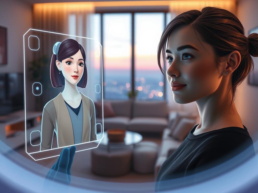 A futuristic digital scene depicting a virtual companionship experience powered by "sexlove.ai". In the foreground, a sleek holographic interface displays an AI companion, a charming female character with vibrant features, wearing stylish, modest clothing that radiates warmth and friendliness. In the middle ground, a modern, cozy living space is highlighted, with soft ambient lighting creating a welcoming atmosphere. The background features a window showing a soft dusk skyline, evoking a sense of connection to the world beyond. The overall mood is inviting and hopeful, capturing the essence of companionship and technology blending seamlessly. Use a wide-angle lens to emphasize the immersive environment, focusing on the details of the virtual character's expression to convey empathy and engagement.