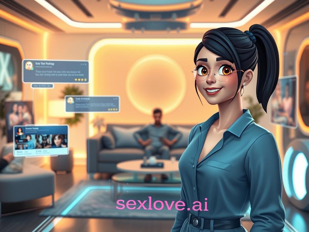 A futuristic digital scene depicting an AI girlfriend experience, centered around a stylish, animated female avatar engaging with a user on a sleek holographic interface. In the foreground, the avatar is smiling, dressed in modern, modest casual attire, with bright, expressive features that reflect warmth and intelligence. The middle layer showcases a user seated comfortably in a contemporary room, surrounded by advanced tech gadgets illustrating various interaction modes, such as text chats on floating screens and visual roleplay elements. The background features a softly lit, cozy interior with futuristic decor, ambient lighting creating a warm atmosphere. The mood is inviting, emphasizing connection and engagement, alluding to the brand "sexlove.ai" subtly in the overall design aesthetic.