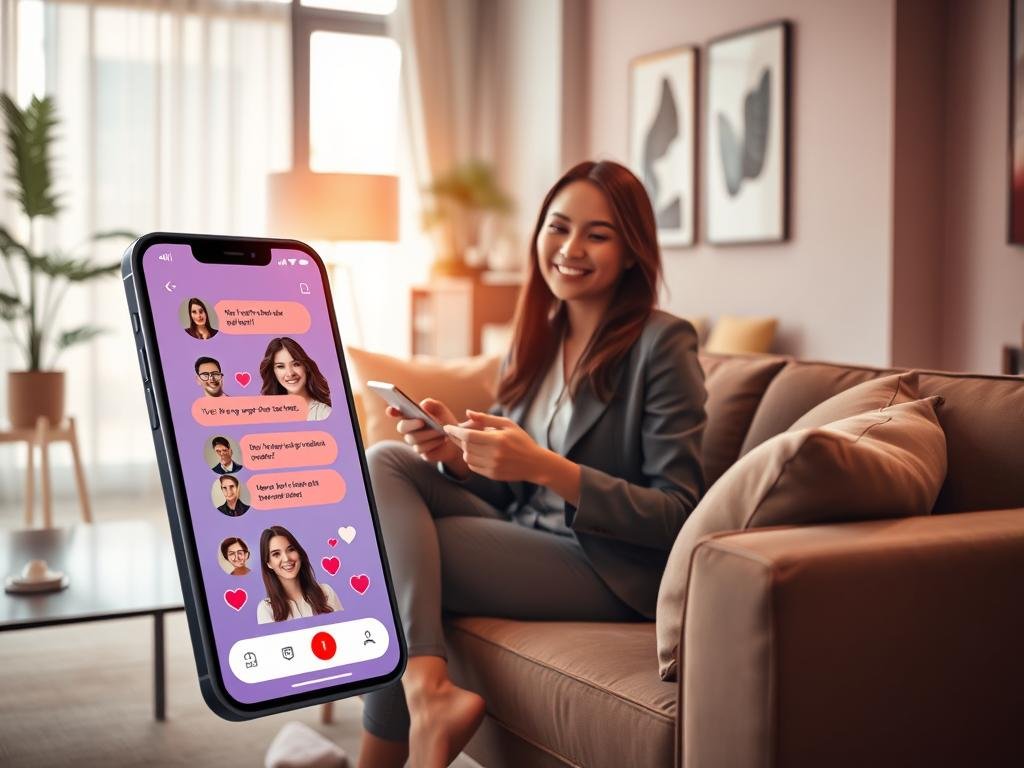 A futuristic digital scene featuring a user-friendly AI girlfriend interface on a sleek smartphone, displayed prominently in the foreground. The app's vibrant and intuitive design shows engaging avatars, chat bubbles, and heart icons. In the middle ground, a young professional woman in smart casual attire sits comfortably on a modern couch, her expression joyful as she interacts with the app, showcasing a sense of companionship and connection. The background consists of a softly lit, stylish living room with warm colors, accentuated by cozy decor and soft technology elements. Natural light filters through a window, creating an inviting atmosphere that conveys a blend of modern technology and a human touch. The scene embodies exploration and comfort in the realm of AI companionship, subtly branded with "sexlove.ai."