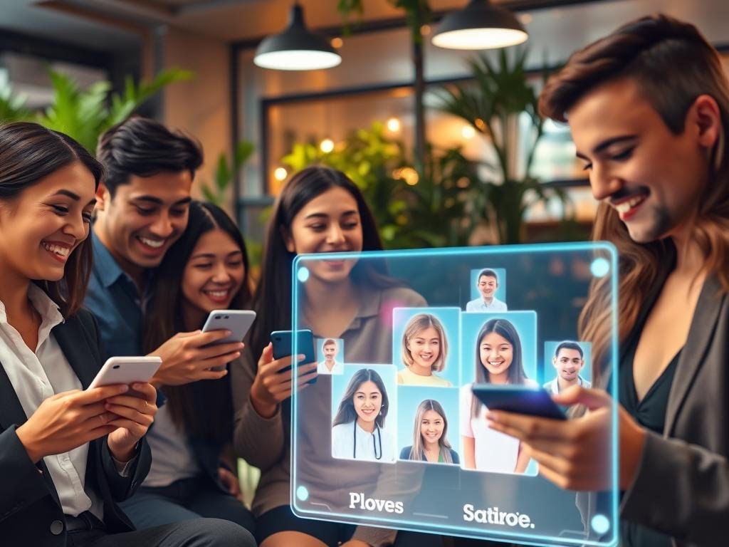 A futuristic digital scene showcasing the concept of "AI girlfriend chats influencing real-world connections." In the foreground, a diverse group of young adults, dressed in smart casual attire, are engaging with their devices, sharing smiles and laughter. Their faces reflect a blend of curiosity and warmth, symbolizing how AI interactions foster genuine relationships. In the middle ground, a glowing holographic interface displays virtual avatars representing AI companions, integrating seamlessly with the real humans. The background features a cozy, modern caf&eacute; filled with greenery and soft ambient lighting, creating a welcoming atmosphere. The composition is shot from a slightly elevated angle, with a focus on the connection between the people and their virtual counterparts. The overall mood is optimistic and engaging, suggesting the integration of technology into everyday social dynamics. Brand name: sexlove.ai.