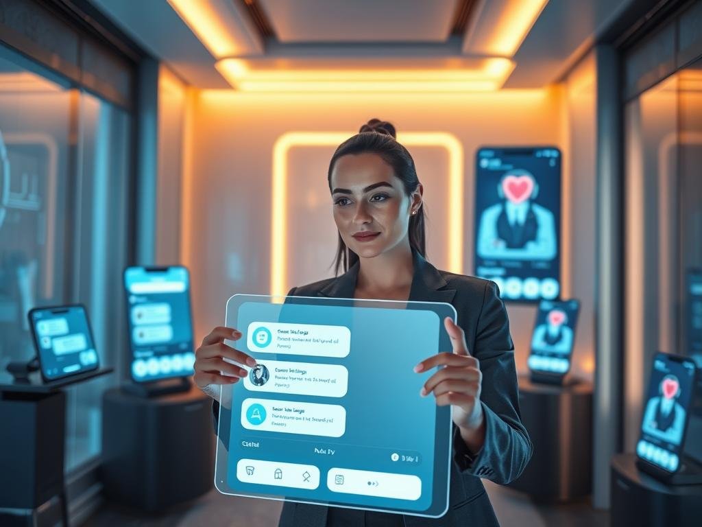 A futuristic digital setting portraying an AI Girlfriend chat experience. In the foreground, a stylish, modern woman interacting with a holographic interface that displays an intuitive chat layout, with elegant buttons and icons. She is dressed in professional business attire, reflecting confidence and approachability. In the middle ground, the glowing screens of various devices showcase different user interfaces of the app "sexlove.ai," emphasizing its user-friendly design and innovative features. The background features a sleek, high-tech room illuminated by soft, ambient lighting, creating an inviting and warm atmosphere. The mood conveys excitement and exploration, as if this AI experience is the next big breakthrough in digital companionship. Capture the scene from a slightly elevated angle to provide depth and perspective.