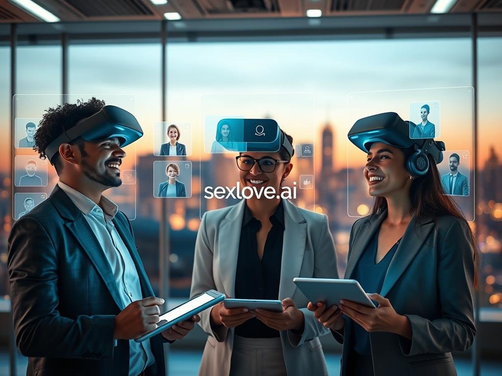 A futuristic digital workspace encapsulating "Technology Powering Your Virtual Relationship". In the foreground, a diverse group of three individuals, dressed in professional attire, engaging with holographic screens displaying digital avatars and chat interfaces. Each person exhibits expressions of joy and connection, illustrating the intimacy of virtual communication. The middle features sleek, high-tech gadgets like VR headsets and interactive tablets, surrounded by soft ambient lighting that creates a warm, inviting atmosphere. In the background, a soft-focus city skyline at dusk, with glowing lights symbolizing connectivity. The overall mood is optimistic and innovative, reflecting the potential of technology to enhance relationships. Include branding elements subtly overlaying the digital interfaces displaying "sexlove.ai".