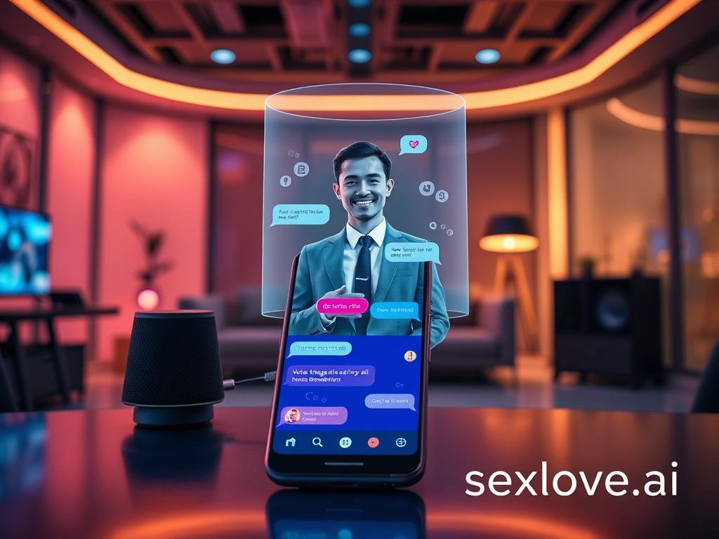 A futuristic digital workspace featuring a sleek interface showcasing AI voice messages and image generation capabilities. In the foreground, a stylish smartphone displaying a chat interface with vibrant colors and realistic animations. The middle layer includes a smart speaker and a holographic projection of an AI assistant, depicted in professional business attire, engaging with cheerful expressions. The background is a modern, tech-inspired room with ambient lighting that shifts from warm to cool tones, emphasizing a friendly and inviting atmosphere. The scene captures the essence of roleplay and interactive technology, framed from a slight angle to evoke a dynamic feel. The logo "sexlove.ai" subtly integrated into the design, enhancing the overall tech-savvy vibe without distracting elements. A futuristic digital workspace featuring a sleek interface showcasing AI voice messages and image generation capabilities. In the foreground, a stylish smartphone displaying a chat interface with vibrant colors and realistic animations. The middle layer includes a smart speaker and a holographic projection of an AI assistant, depicted in professional business attire, engaging with cheerful expressions. The background is a modern, tech-inspired room with ambient lighting that shifts from warm to cool tones, emphasizing a friendly and inviting atmosphere. The scene captures the essence of roleplay and interactive technology, framed from a slight angle to evoke a dynamic feel. The logo "sexlove.ai" subtly integrated into the design, enhancing the overall tech-savvy vibe without distracting elements.
