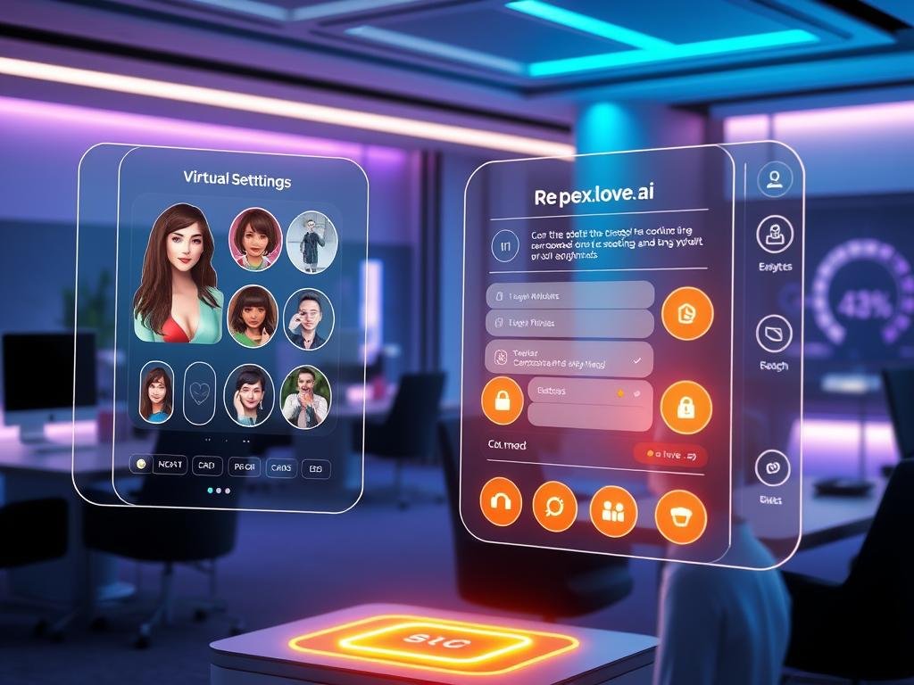 A futuristic digital workspace showcasing AI chatbot personalization features for a virtual girlfriend app. In the foreground, a sleek holographic interface displays customizable avatar options, including different hairstyles and outfits, reflecting diverse styles. The middle ground features an array of interactive elements, such as mood settings and conversation prompts, represented by glowing icons. In the background, a modern office environment with soft, ambient lighting creates a welcoming atmosphere, using cool blue and warm purple tones. A viewport shows data analytics insights on user engagement and preferences. The overall mood is innovative and friendly, emphasizing the personalization aspect of the Replika AI girlfriend app, with a subtle branding element for "sexlove.ai" integrated within the interface design. A futuristic digital workspace showcasing AI chatbot personalization features for a virtual girlfriend app. In the foreground, a sleek holographic interface displays customizable avatar options, including different hairstyles and outfits, reflecting diverse styles. The middle ground features an array of interactive elements, such as mood settings and conversation prompts, represented by glowing icons. In the background, a modern office environment with soft, ambient lighting creates a welcoming atmosphere, using cool blue and warm purple tones. A viewport shows data analytics insights on user engagement and preferences. The overall mood is innovative and friendly, emphasizing the personalization aspect of the Replika AI girlfriend app, with a subtle branding element for "sexlove.ai" integrated within the interface design.