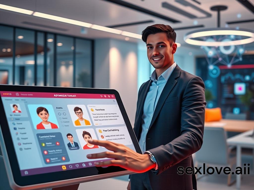 A futuristic digital workspace showcasing advanced personalization features for virtual companions. In the foreground, a sleek, interactive touchscreen displays customizable avatars and settings, emphasizing user choice with vibrant colors and smooth interfaces. The middle ground features a well-dressed professional, casually interacting with the virtual companion on the screen, showcasing a warm, friendly expression. Soft, ambient lighting creates an inviting atmosphere, with a focus on a harmonious blend of technology and human connection. The background reveals a modern office environment with digital elements suggesting artificial intelligence, such as floating data graphics and holograms. The overall mood is optimistic and innovative, reflecting the potential of intimacy in AI companionship, branded subtly with "sexlove.ai" in the corner. A futuristic digital workspace showcasing advanced personalization features for virtual companions. In the foreground, a sleek, interactive touchscreen displays customizable avatars and settings, emphasizing user choice with vibrant colors and smooth interfaces. The middle ground features a well-dressed professional, casually interacting with the virtual companion on the screen, showcasing a warm, friendly expression. Soft, ambient lighting creates an inviting atmosphere, with a focus on a harmonious blend of technology and human connection. The background reveals a modern office environment with digital elements suggesting artificial intelligence, such as floating data graphics and holograms. The overall mood is optimistic and innovative, reflecting the potential of intimacy in AI companionship, branded subtly with "sexlove.ai" in the corner.