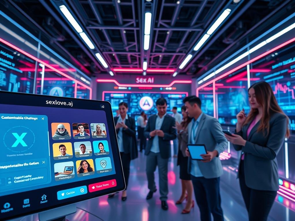 A futuristic digital workspace showcasing innovative features of AI apps, prominently featuring the brand "sexlove.ai". In the foreground, a sleek, user-friendly interface displaying customizable chatbot options with vivid graphics and interactive elements. The middle ground illustrates diverse users engaging with the app on various devices like smartphones and tablets, depicted in professional business attire, expressing curiosity and excitement. The background features a high-tech ambiance with soft neon lights, digital screens displaying data and analytics, creating an atmosphere of advanced technology and innovation. Use a wide-angle lens effect to capture the immersive environment, with bright yet balanced lighting to convey a sense of optimism and futuristic creativity.
