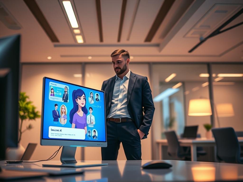 A futuristic digital workspace showcasing the innovative features of AI girlfriend chatbots. The foreground features a sleek, high-tech computer screen displaying vibrant, high-quality visuals of chatbot interactions, with clear, detailed renderings of animated characters. In the middle ground, a professional individual dressed in smart casual attire appears engaged, interacting with the chatbot on the screen. The background presents a modern, minimalist office environment with soft, ambient lighting to create a warm yet sophisticated atmosphere. The mood conveys curiosity and innovation, accentuated by dynamic light reflections on the screen. Use a wide-angle lens perspective to capture the immersive experience. Include subtle branding of "sexlove.ai" integrated into the workspace design. A futuristic digital workspace showcasing the innovative features of AI girlfriend chatbots. The foreground features a sleek, high-tech computer screen displaying vibrant, high-quality visuals of chatbot interactions, with clear, detailed renderings of animated characters. In the middle ground, a professional individual dressed in smart casual attire appears engaged, interacting with the chatbot on the screen. The background presents a modern, minimalist office environment with soft, ambient lighting to create a warm yet sophisticated atmosphere. The mood conveys curiosity and innovation, accentuated by dynamic light reflections on the screen. Use a wide-angle lens perspective to capture the immersive experience. Include subtle branding of "sexlove.ai" integrated into the workspace design.