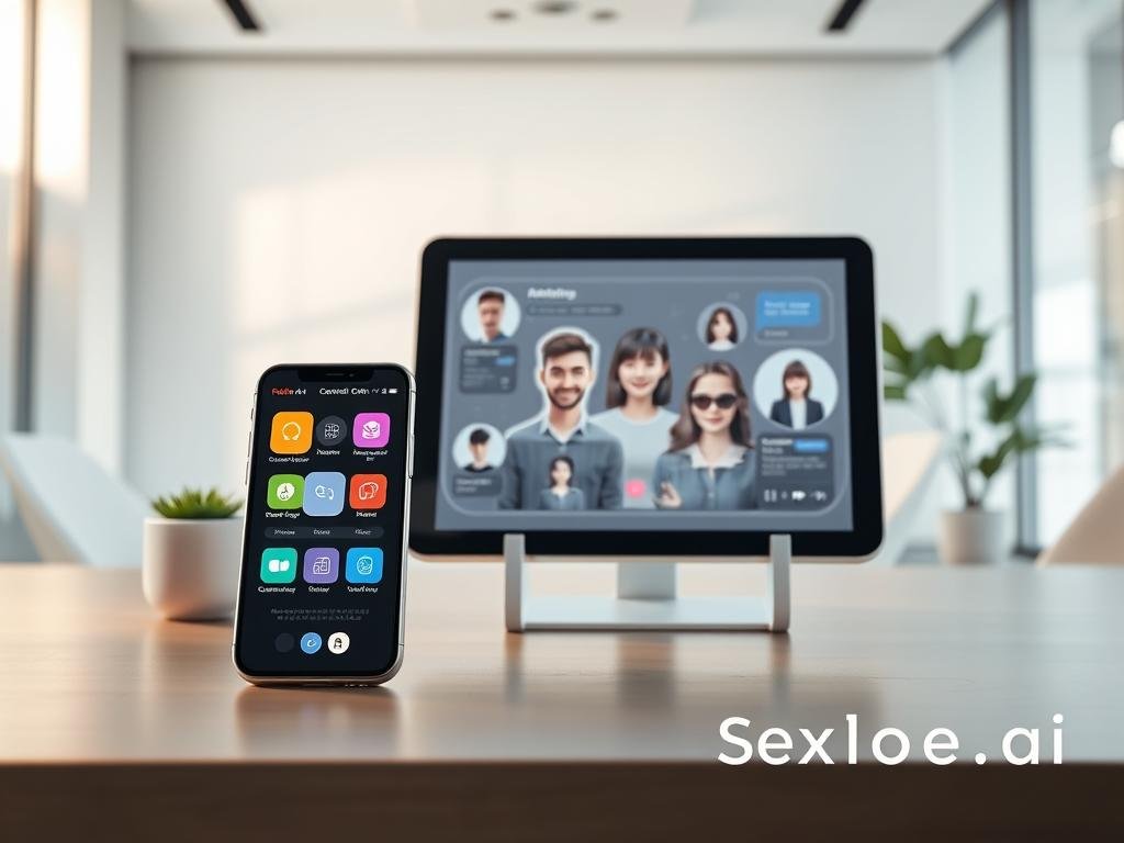 A futuristic digital workspace showcasing the key features of the Replika AI app. In the foreground, a sleek smartphone displays the app interface with vibrant, user-friendly icons representing conversation, customization, and relationship-building tools. The middle ground features a tablet showcasing augmented reality elements, such as virtual friendship interactions and AI avatars, all in a soft pastel color palette. In the background, a modern, minimalistic office environment with soft white lighting enhances the tech-focused ambiance, suggesting an innovative tech company atmosphere. The scene conveys an inviting yet professional mood, emphasizing engagement and emotional connection. Natural lighting illuminates the devices, creating a warm and approachable feel. Include a discreet watermark of "Sexlove.ai" integrated into the design of the workspace.