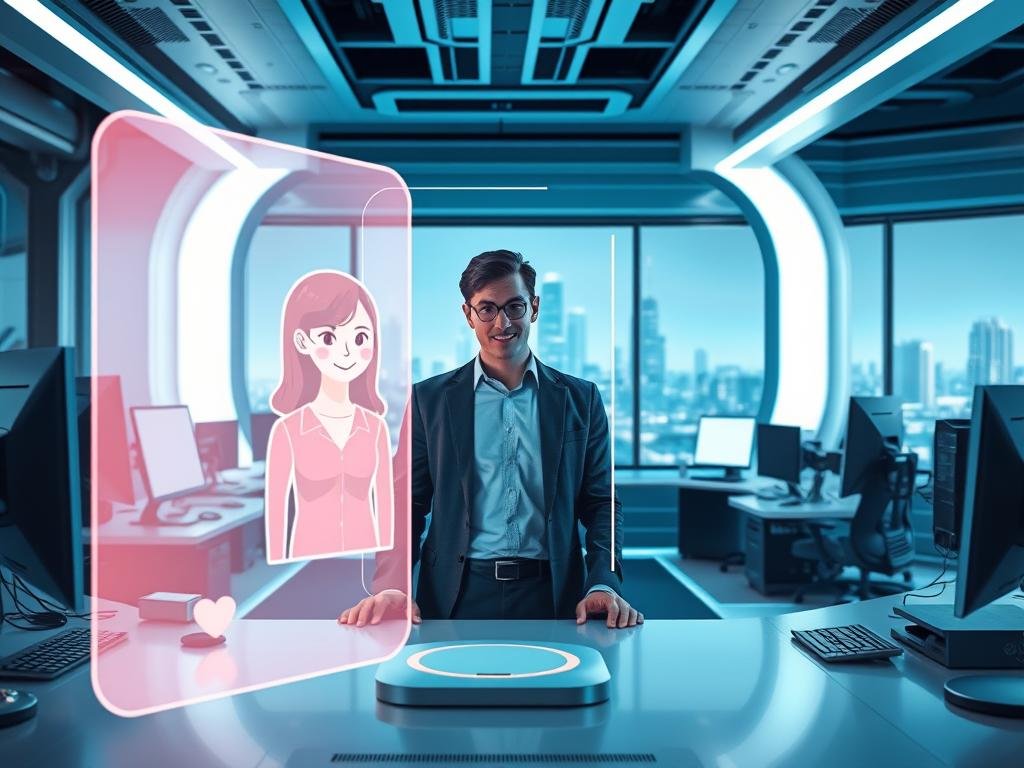 A futuristic, high-tech workspace showcasing an AI girlfriend technology concept. In the foreground, a holographic interface displaying a friendly, stylized AI companion, designed with an approachable and inviting aesthetic, rendered in soft pastels. The middle ground features a professional individual, dressed in smart casual attire, interacting with the hologram, their expression reflecting curiosity and engagement. The background consists of sleek computer screens and advanced gadgets, illuminated by cool blue and white lighting that enhances the tech ambiance. A subtle futuristic cityscape is visible through a large window, hinting at a connected world. The overall mood is optimistic, innovative, and inspiring, emphasizing the potential of AI technology in personal relationships while reflecting the brand "sexlove.ai."