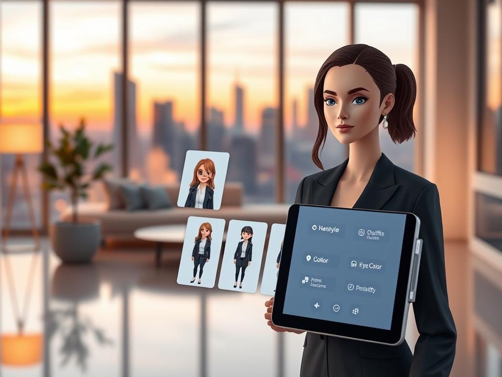 A futuristic interface showcasing "AI girlfriend customization options" designed for the sexlove.ai app. In the foreground, a sleek touchscreen device displays various customizable features such as hairstyle, eye color, outfit options in professional business attire, and personality traits. The middle ground shows an inviting, modern room with soft ambient lighting, creating a warm and engaging atmosphere. In the background, a window reveals a high-tech city skyline at dusk, casting a gentle glow. The entire scene is captured with a slight depth of field effect, emphasizing the customization screen while keeping the surroundings subtly blurred. The mood is innovative and user-friendly, inviting users to explore the possibilities of their digital companion. A futuristic interface showcasing "AI girlfriend customization options" designed for the sexlove.ai app. In the foreground, a sleek touchscreen device displays various customizable features such as hairstyle, eye color, outfit options in professional business attire, and personality traits. The middle ground shows an inviting, modern room with soft ambient lighting, creating a warm and engaging atmosphere. In the background, a window reveals a high-tech city skyline at dusk, casting a gentle glow. The entire scene is captured with a slight depth of field effect, emphasizing the customization screen while keeping the surroundings subtly blurred. The mood is innovative and user-friendly, inviting users to explore the possibilities of their digital companion.