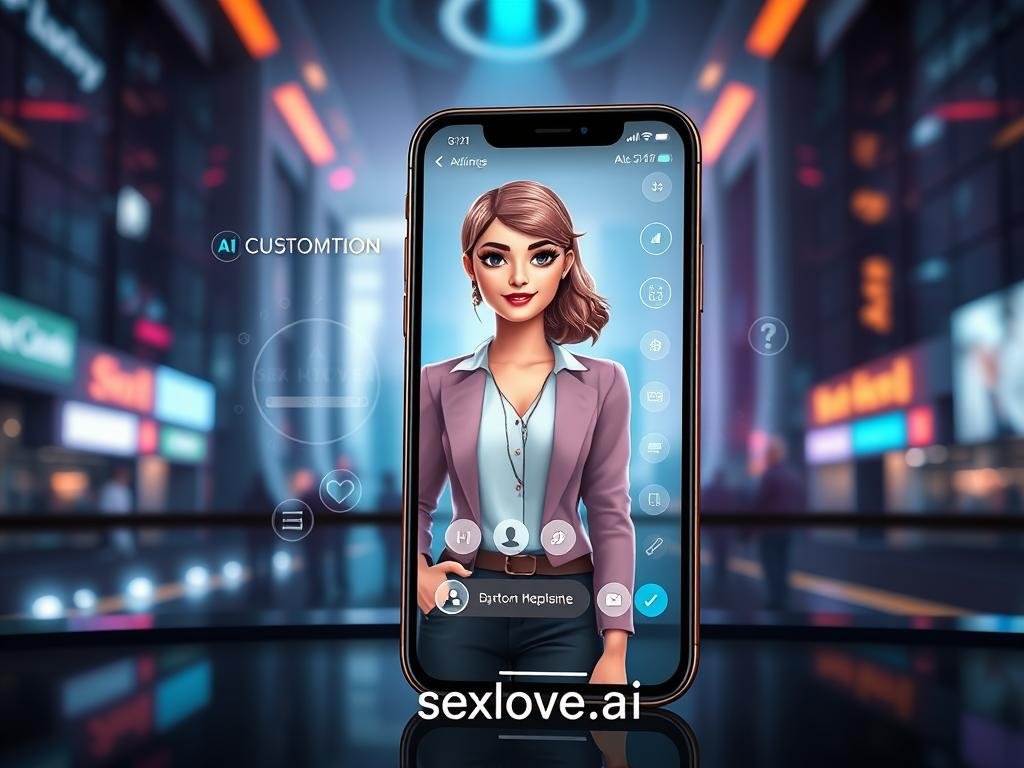 A futuristic interface showcasing "Dynamic Customization in AI Girlfriend Chat" in a sleek digital environment. In the foreground, a visually appealing smartphone displaying an interactive AI girlfriend avatar, designed as a friendly and approachable character in smart casual clothing. Her features reflect advanced customization options, with multiple glowing buttons indicating real-time updates and personalization settings. In the middle ground, holographic data streams and icons represent dynamic learning algorithms, illustrating the transition of user preferences into AI responses. The background features a soft-focus futuristic cityscape with ambient lighting, creating a high-tech and inviting atmosphere. The mood is innovative and engaging. Lighting is vibrant with a hint of neon accents. The brand "sexlove.ai" is subtly integrated into the design elements without being overt.