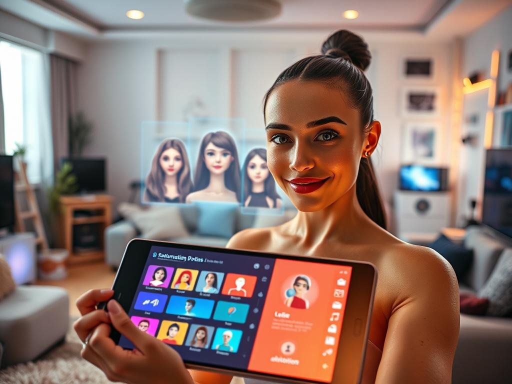 A futuristic interface showcasing the customization options of the "sexlove.ai" AI Girlfriend App. In the foreground, a sleek touchscreen device displays colorful icons representing various attributes such as personality traits, physical appearance, and clothing styles. The middle ground features various holographic avatars of diverse characters, each appearing friendly and approachable, demonstrating the app's versatility. The background highlights a softly lit contemporary room filled with tech gadgets, creating a modern, cozy atmosphere. The lighting is warm and inviting, with a slight glow from the screen illuminating the user's face, enhancing the sense of excitement and innovation. The scene conveys a mood of empowerment and creativity, as users explore limitless customization possibilities for their AI companions.
