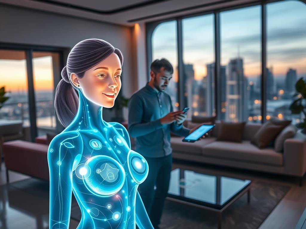 A futuristic interface showcasing the "sexlove.ai" virtual girlfriend app set in a sleek, modern living space. In the foreground, a holographic female figure emanates warmth and friendliness, with a high-tech, glowing display showing interactive features of the app. The middle section features a user engaging with the app through a sophisticated touchscreen device. The background displays a stylish and cozy room with subtle ambient lighting, large windows revealing a futuristic cityscape at dusk. The mood is inviting and optimistic, capturing the essence of companionship through technology. Use a wide-angle lens for a dynamic perspective, emphasizing the blend of technology and human experience.