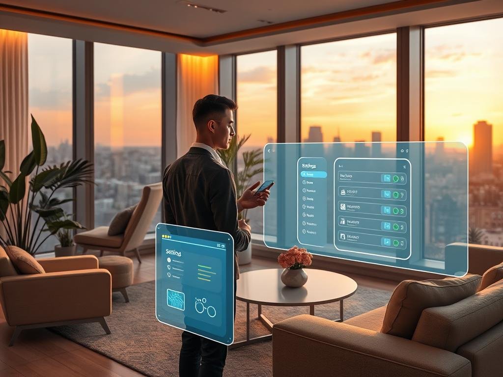 A futuristic living room designed for comfort and engagement, featuring an AI companion hologram with a friendly and inviting demeanor. In the foreground, showcase a user, a young professional in smart casual attire, interacting with the hologram, examining personalization settings on a sleek digital interface. The middle ground includes stylish furniture and plants that create a warm, homey atmosphere. The background depicts a soft-lit environment with large windows revealing a serene cityscape at sunset, casting gentle shadows. The warm glow of ambient lighting enhances the inviting and innovative feel of the space, emphasizing user-centric design principles in technology. The overall mood is one of connection, personalization, and optimism, reflecting the essence of "sexlove.ai."