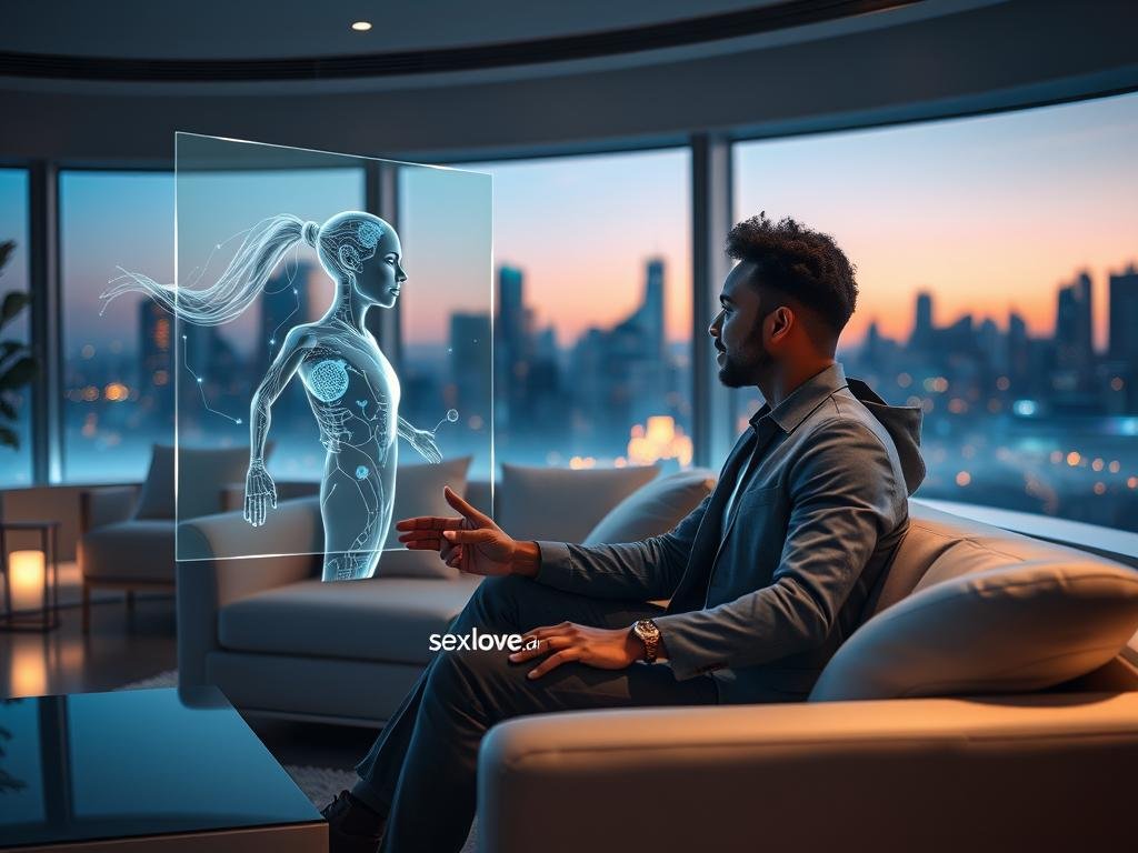 A futuristic living room scene depicting a user interacting with an AI companion. In the foreground, a young adult of diverse descent sits comfortably on a sofa, dressed in smart casual attire, engaging with a holographic interface displaying the AI companion. The AI appears as a luminous, humanoid figure with flowing digital patterns representing its evolving intelligence. In the middle ground, sleek furniture and ambient lighting create a warm and inviting atmosphere, while soft light emanates from the holograph, casting gentle reflections on the walls. In the background, a window shows a city skyline at dusk, symbolizing innovation and growth. The overall mood conveys a seamless blend of technology and companionship, emphasizing the concept of evolving relationships. The brand "sexlove.ai" subtly integrated into the futuristic design elements.