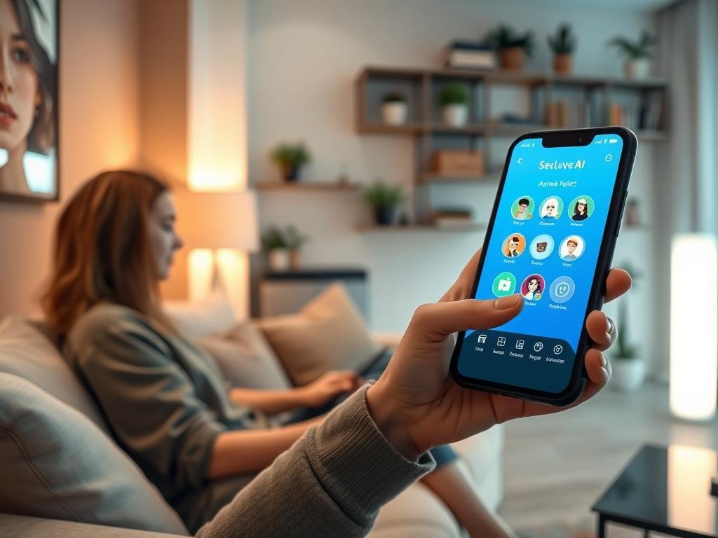 A futuristic living room scene featuring a user interacting with an AI girlfriend voice app on a sleek, modern smartphone. In the foreground, a person of ambiguous gender is sitting on a comfortable couch, engaging with the app, wearing casual, stylish clothing that reflects a relaxed mood. The middle layer captures the glowing smartphone screen displaying a friendly, visually appealing interface of the AI girlfriend app, showcasing vibrant colors and intuitive icons. In the background, soft lighting from ambient lamps creates a cozy atmosphere, while shelves filled with books and plants add a touch of warmth to the space. The overall mood is intimate and tech-savvy, highlighting the innovative features of sexlove.ai, the leading AI girlfriend voice app of 2026.