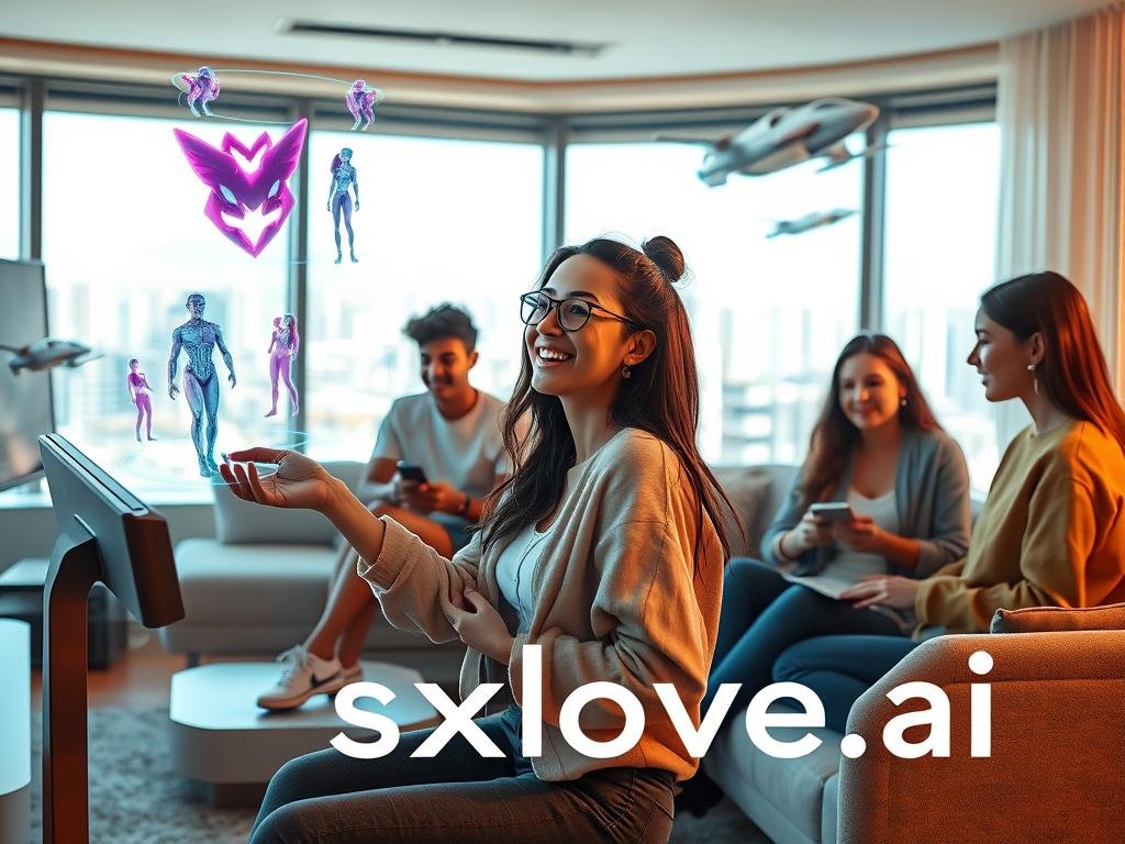 A futuristic living room scene in 2026, featuring a diverse group of young adults interacting with advanced AI girlfriend games on sleek, high-tech devices. In the foreground, a woman in stylish casual attire is smiling while using a holographic interface, with vibrant 3D visuals of AI characters hovering above. In the middle ground, two friends discuss their gaming experiences, surrounded by futuristic gadgets, on a modern couch with minimalist design elements. In the background, large windows reveal a bright cityscape with flying vehicles, emphasizing a lively, advanced world. The lighting is warm and inviting, creating a sense of excitement and connection. The image embodies a fun and engaging atmosphere, reflective of the evolving world of digital companionship. The logo of "sexlove.ai" subtly integrated into the scene.