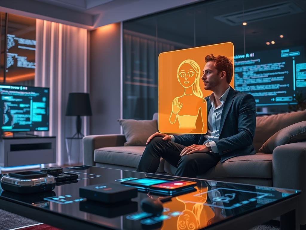 A futuristic living room scene showcasing a holographic AI girlfriend interacting with a user. In the foreground, a young professional man in smart casual attire is seated on a sleek couch, gazing at a glowing hologram of a friendly, lifelike AI girlfriend, designed to appear warm and approachable. The middle ground features cutting-edge tech gadgets and a modern coffee table with futuristic interfaces, hinting at immersive love simulation technology. In the background, soft ambient lighting creates a cozy yet high-tech atmosphere, with digital screens displaying intricate code and graphics relating to AI development. The mood is optimistic and engaging, capturing the essence of companionship and technological advancement. Incorporate subtle branding elements of "sexlove.ai" within the tech interfaces, ensuring they blend seamlessly into the design.