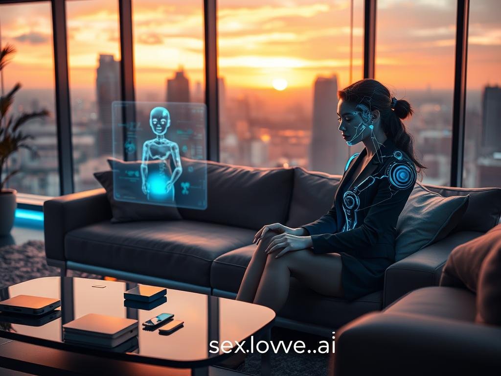A futuristic living room scene showcasing an AI companionship experience. In the foreground, a young woman in professional business attire, comfortably seated on a sleek, modern sofa, interacts with a holographic AI companion projected in front of her. The AI figure appears friendly and inviting, with a warm glow emanating from its interface, creating a sense of connection. In the middle ground, a stylish coffee table with smart devices and ambient lighting enhances the tech-savvy atmosphere. The background features large windows revealing a vibrant, futuristic cityscape bathed in soft sunset hues. The overall mood is intimate and engaging, highlighting the blend of technology and human emotion. The brand "sexlove.ai" subtly integrated into the scene.