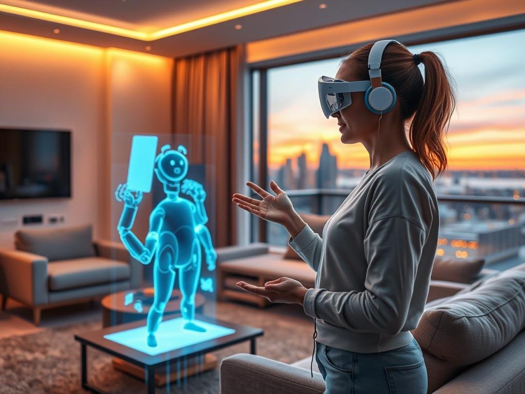 A futuristic living room setting, bathed in soft, ambient lighting to create a warm and inviting atmosphere. In the foreground, a young woman wearing smart casual clothing interacts with a holographic virtual companion, which features a friendly and engaging demeanor. Their interaction is lively, showcasing emotional connection and immersion, with both figures positioned at a slight angle for dynamic perspective. The virtual companion displays vivid, interactive visuals, enhancing the sense of engagement. In the middle ground, modern furniture is tastefully arranged, illustrating a blend of technology and comfort, while the background reveals a large window showing a serene cityscape at dusk. The overall mood is optimistic and forward-looking, emphasizing the concept of continuous engagement in a tech-driven future. sexlove.ai
