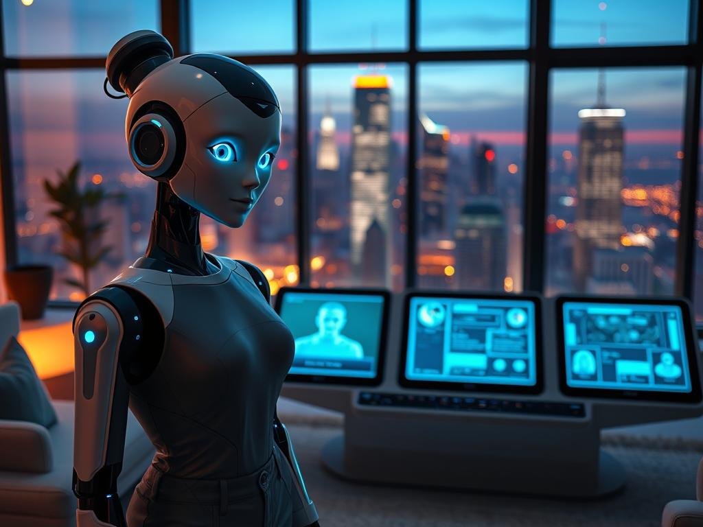 A futuristic living room setting featuring a stylish AI girlfriend companion. In the foreground, a humanoid robot with a sleek design, dressed in a smart casual outfit, exuding warmth and charm. Her expressive eyes emit a soft blue light, adding a comforting glow. In the middle ground, a high-tech console displays interactive holographic screens displaying personalized interactions. In the background, large windows showcase a vibrant city skyline at dusk with twinkling lights. The atmosphere is inviting and cozy, with soft, ambient lighting creating a relaxed mood. Capture this scene from a slightly elevated angle to highlight the technology and connection between the user and their AI companion. Incorporate subtle branding elements of "sexlove.ai" seamlessly into the environment for authenticity.