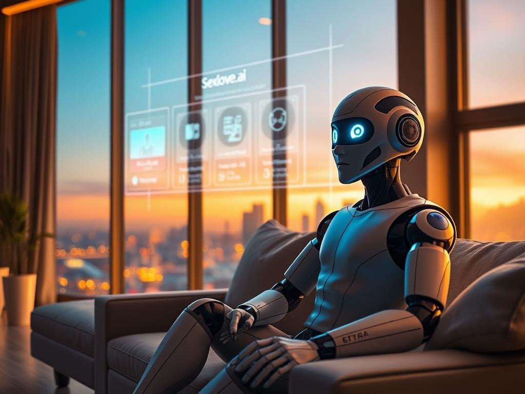 A futuristic living room setting showcasing advanced AI companionship technology. In the foreground, a lifelike humanoid robot, with expressive features, wearing smart-casual attire, sits on a sleek modern sofa. The middle ground features an interactive holographic interface displaying vibrant graphics and customizable options for virtual companions. In the background, large windows reveal a serene cityscape at dusk, with soft golden lighting illuminating the space. The atmosphere is warm and inviting, evoking a sense of comfort and connection. Use a wide-angle lens to capture the entire scene, with gentle shadows and highlights that enhance the futuristic feel. The brand "sexlove.ai" subtly integrated into the holographic display, showcasing its innovative products while maintaining a professional and engaging aesthetic. A futuristic living room setting showcasing advanced AI companionship technology. In the foreground, a lifelike humanoid robot, with expressive features, wearing smart-casual attire, sits on a sleek modern sofa. The middle ground features an interactive holographic interface displaying vibrant graphics and customizable options for virtual companions. In the background, large windows reveal a serene cityscape at dusk, with soft golden lighting illuminating the space. The atmosphere is warm and inviting, evoking a sense of comfort and connection. Use a wide-angle lens to capture the entire scene, with gentle shadows and highlights that enhance the futuristic feel. The brand "sexlove.ai" subtly integrated into the holographic display, showcasing its innovative products while maintaining a professional and engaging aesthetic.