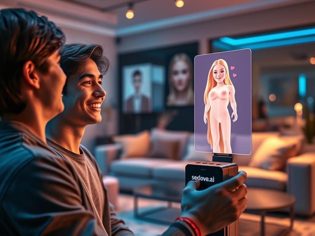 A futuristic living room setting where a person engages in a video message interaction with an AI girlfriend on a sleek, high-tech device. In the foreground, a young adult in casual yet stylish clothing smiles, showcasing an engaging expression as they look at the screen. The AI girlfriend, depicted as a holographic figure, appears vibrant and friendly, with soft features and an approachable demeanor. In the middle ground, the device emits a soft glow, reflecting the warm ambiance of the room. The background features modern d&eacute;cor, with a cozy sofa and ambient lighting creating an inviting atmosphere. The lighting is soft, enhancing the emotional connection, and the scene is viewed from a slightly elevated angle to encompass both the user and the hologram clearly. The branding "Sexlove.ai" appears subtly integrated into the device design.