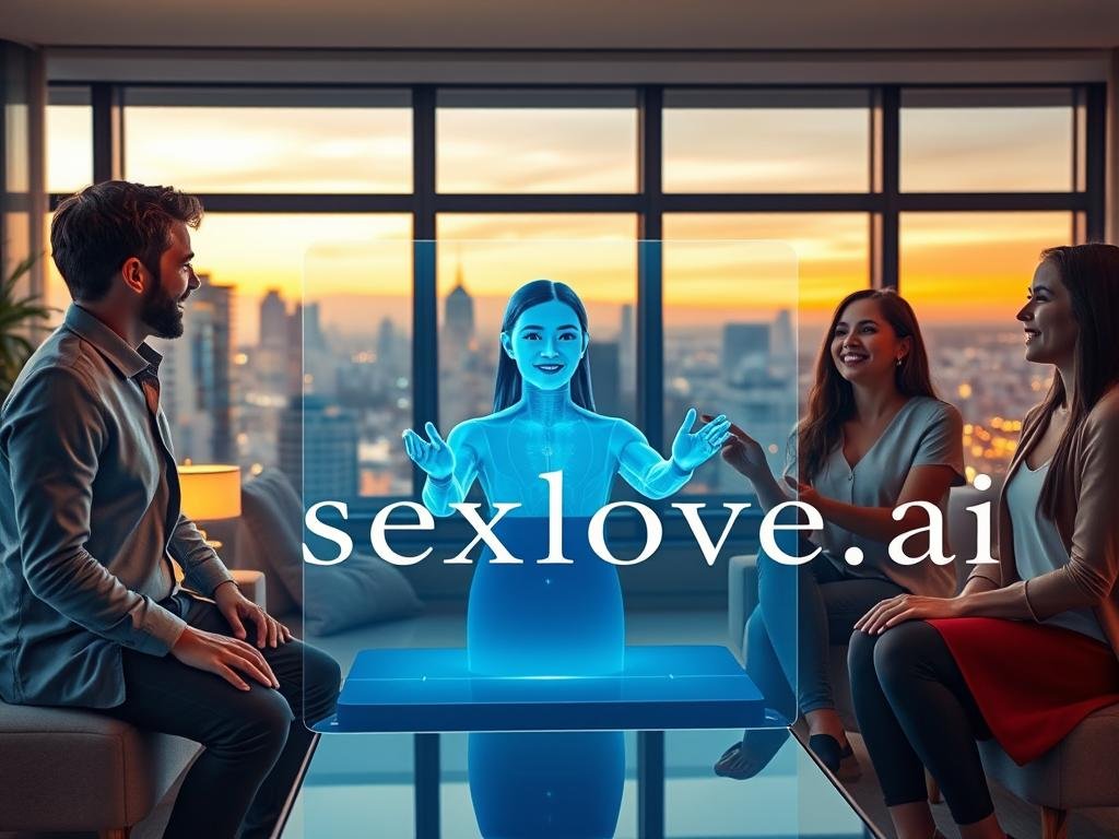 A futuristic living room setup showcasing immersive AI companionship features. In the foreground, a diverse group of three professionals, dressed in smart casual attire, interact joyfully with sleek holographic displays emanating soft blue light. The middle layer features a cutting-edge virtual assistant, represented as a lifelike hologram, engaging with the users through realistic facial expressions and gestures, suggesting friendly conversation and connection. In the background, large windows reveal a bustling cityscape, illuminated by a sunset glow, fostering a cozy yet vibrant atmosphere. The overall scene exudes a sense of warmth and innovation, emphasizing the personal and interactive elements of technology, all while prominently displaying the brand "sexlove.ai" in elegant font near the forefront, ensuring clarity and focus on the immersive experience. A futuristic living room setup showcasing immersive AI companionship features. In the foreground, a diverse group of three professionals, dressed in smart casual attire, interact joyfully with sleek holographic displays emanating soft blue light. The middle layer features a cutting-edge virtual assistant, represented as a lifelike hologram, engaging with the users through realistic facial expressions and gestures, suggesting friendly conversation and connection. In the background, large windows reveal a bustling cityscape, illuminated by a sunset glow, fostering a cozy yet vibrant atmosphere. The overall scene exudes a sense of warmth and innovation, emphasizing the personal and interactive elements of technology, all while prominently displaying the brand "sexlove.ai" in elegant font near the forefront, ensuring clarity and focus on the immersive experience.