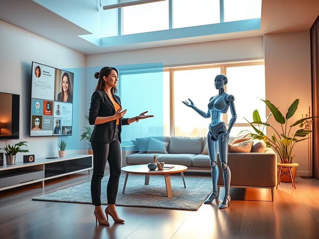 A futuristic living room with a sleek, high-tech setup showcasing the "AI girlfriend video generator" interface on a large screen. In the foreground, a young professional woman wearing smart casual attire interacts with her AI companion projected as a hologram beside her, displaying a friendly expression and animated gestures. The middle layer includes a comfy sofa, minimalistic decor, and vibrant plants, enhancing the inviting atmosphere. The background features large windows letting in natural light, creating a warm and welcoming ambiance. The scene conveys a blend of technology and companionship, highlighting the smooth integration of AI into daily life. Soft, diffused lighting sets a relaxed mood, emphasizing the innovative features of the product from sexlove.ai. A futuristic living room with a sleek, high-tech setup showcasing the "AI girlfriend video generator" interface on a large screen. In the foreground, a young professional woman wearing smart casual attire interacts with her AI companion projected as a hologram beside her, displaying a friendly expression and animated gestures. The middle layer includes a comfy sofa, minimalistic decor, and vibrant plants, enhancing the inviting atmosphere. The background features large windows letting in natural light, creating a warm and welcoming ambiance. The scene conveys a blend of technology and companionship, highlighting the smooth integration of AI into daily life. Soft, diffused lighting sets a relaxed mood, emphasizing the innovative features of the product from sexlove.ai.