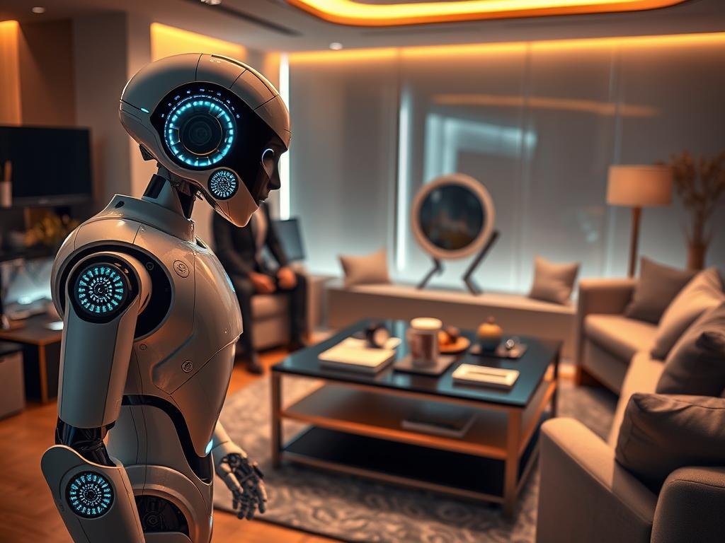 A futuristic living space featuring an advanced AI companion robot engaging warmly with a user in a comfortable, modern environment. In the foreground, a sleek humanoid robot with expressive features and intricate LED displays interacts with a person dressed in professional attire, showcasing personality and intelligence. In the middle, an elegant coffee table with high-tech gadgets and personal items represents companionship and technology. The background reveals a softly lit room with futuristic decor, emphasizing a harmonious blend of human and robotic presence. The lighting is warm and inviting, creating a cozy atmosphere, with soft shadows cast by strategically placed ambient lights. The lens focuses on the interaction, capturing a moment of connection and understanding, embodying the concept of companionship in a high-tech world. The scene is artfully designed to represent "Sexlove.ai."