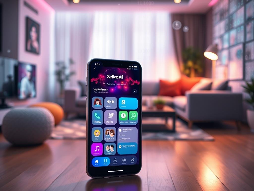 A futuristic mobile app interface showcasing the features of "sexlove.ai," the AI girlfriend application. In the foreground, display a sleek smartphone with a vibrant app interface featuring sections like "Chatting," "Personalized Interaction," "Voice Conversations," and "Emotion Recognition." Use bright, inviting colors to highlight buttons and icons, and create a sense of depth. In the middle ground, show a modern living space with soft, ambient lighting, emphasizing a cozy setting that reflects personal connection. In the background, include abstract digital elements like floating holograms and binary code to evoke advanced technology. The mood should be warm, inviting, and innovative, capturing the essence of futuristic relationship enhancement. Use a slightly angled perspective, as if the viewer is peeking into the future of digital companionship.