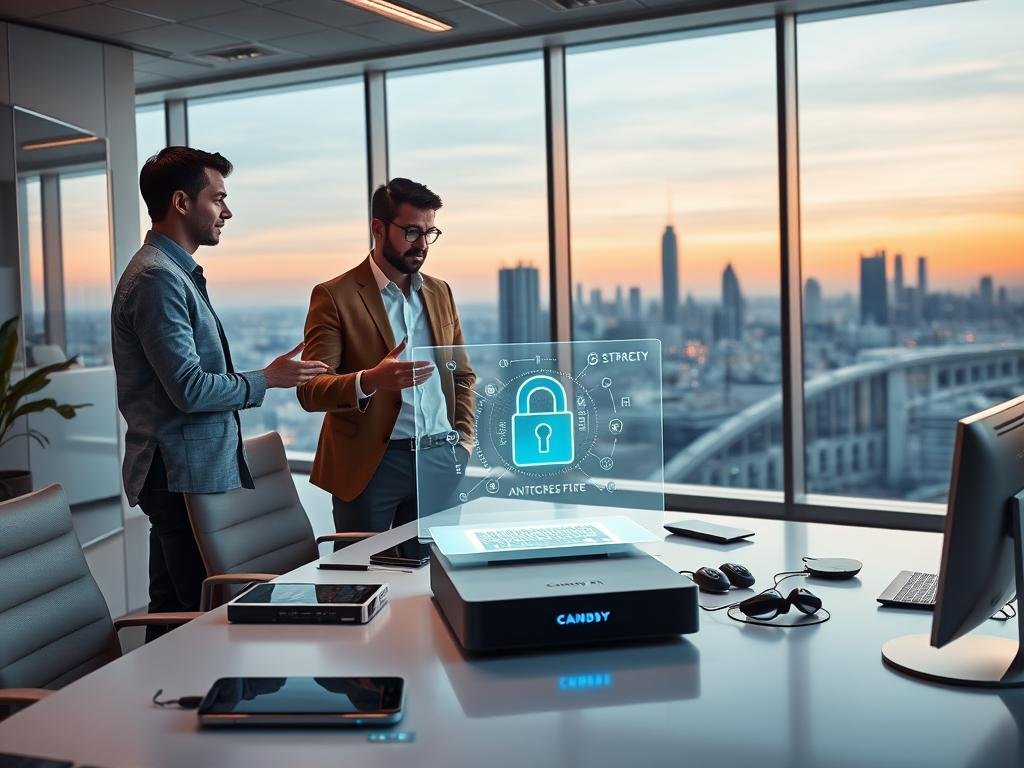 A futuristic office scene depicting the concept of "privacy and data security in digital companionship." In the foreground, a diverse group of three professionals, two men and one woman, dressed in smart casual attire, are engaged in a conversation about digital security. One is gesturing to a holographic display showcasing secure data encryption algorithms. The middle ground features a sleek, modern desk with state-of-the-art tech gadgets and a visible device labeled "Candy AI" subtly glowing. In the background, large windows reveal a city skyline under soft, ambient lighting, symbolizing a secure digital future. The atmosphere is focused, with a sense of trust and professionalism, evoking themes of safety and confidentiality in technology.