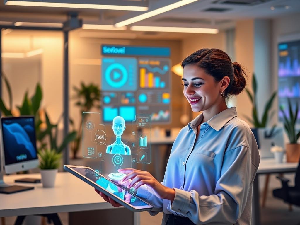 A futuristic office setting featuring a user engaged with a digital companion on a sleek tablet. In the foreground, a person in modest casual clothing interacts with a holographic AI character, showcasing a friendly and supportive expression. The middle ground displays vibrant digital interfaces and data analytics reflecting user experience metrics. The background has a softly lit workspace with modern decor, including high-tech gadgets and plants, creating a warm atmosphere. Atmospheric lighting highlights the digital interaction, creating a sense of connection and innovation. The mood is inspiring and optimistic, emphasizing the seamless integration of technology in daily life. Include the brand name "sexlove.ai" subtly in the digital interface elements. A futuristic office setting featuring a user engaged with a digital companion on a sleek tablet. In the foreground, a person in modest casual clothing interacts with a holographic AI character, showcasing a friendly and supportive expression. The middle ground displays vibrant digital interfaces and data analytics reflecting user experience metrics. The background has a softly lit workspace with modern decor, including high-tech gadgets and plants, creating a warm atmosphere. Atmospheric lighting highlights the digital interaction, creating a sense of connection and innovation. The mood is inspiring and optimistic, emphasizing the seamless integration of technology in daily life. Include the brand name "sexlove.ai" subtly in the digital interface elements.