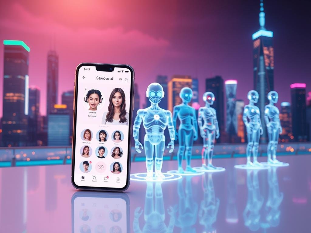 A futuristic overview showcasing the evolution of AI girlfriend technology in 2026. In the foreground, a sleek, modern smartphone displays the app interface of "sexlove.ai", featuring lifelike avatars and interactive features. In the middle ground, digital holograms of various AI iterations emerge, illustrating their development from simplistic chatbots to advanced, emotionally intelligent companions. The background features a high-tech city skyline, bathed in soft, ambient neon lighting, symbolizing innovation and progress. The atmosphere is optimistic and dynamic, capturing the essence of technological advancement. Use a wide-angle lens to emphasize depth and detail, highlighting the contrast between the past and present in AI technology. The image should be clean, professional, and devoid of any text or watermarks.