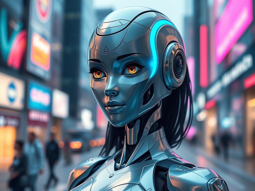 A futuristic robot girlfriend, designed with sleek metallic skin and glowing blue accents, stands confidently in a modern urban setting. In the foreground, she has expressive eyes with a warm, inviting gaze, and her face features delicate, humanoid features that reflect personality. She wears a stylish outfit that blends fashion and technology, showcasing her role as both companion and innovative AI. In the middle ground, the backdrop reveals a vibrant cityscape with neon lights and holographic displays, enhancing the contemporary feel of 2025. Soft, ambient lighting highlights her form, casting gentle shadows that add depth. The atmosphere is a blend of excitement and curiosity, inviting viewers to explore the future of relationships with AI, titled "Sexlove.ai".