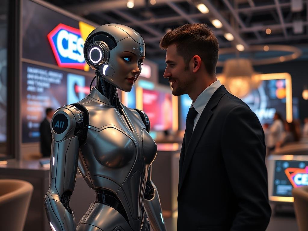 A futuristic robot girlfriend, humanoid in appearance, with sleek metallic skin and elegant features that reflect a blend of sophistication and warmth. She stands confidently in a high-tech, modern lounge at CES 2025, showcasing her interactive personality with subtle, glowing LED accents. In the foreground, she engages with a user in professional business attire, leaning slightly forward with a friendly expression. The middle ground includes a display of cutting-edge technology and AI concepts, all illuminated by soft, ambient lighting, creating a warm and inviting atmosphere. The background features futuristic digital screens and innovation displays, emphasizing the theme of advanced robotics and artificial intelligence. Ensure the image captures the innovation and allure of modern AI relationships, showcasing "Sexlove.ai" at the forefront of this technological revolution.