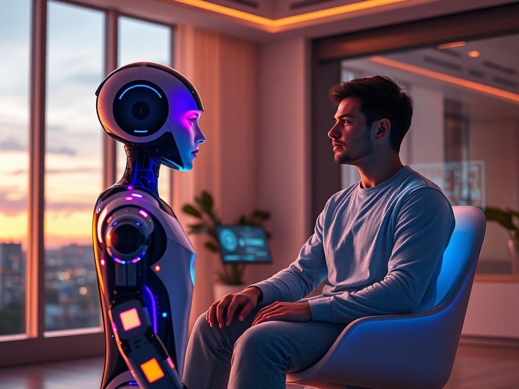 A futuristic room bathed in soft, warm lighting, featuring two AI companions engaging in deep, immersive conversation with a user. In the foreground, a thoughtfully designed, sleek AI hologram resembles a friendly, anthropomorphic digital character, with vibrant colors and expressive features that convey empathy. The user sits comfortably in a modern chair, dressed in casual attire, displaying a look of curiosity and engagement. In the middle background, dynamic visual elements such as swirling digital data and interactive graphical interfaces subtly illustrate the concept of emotional engagement. The setting is enhanced by large windows showing a serene cityscape at dusk, creating an inviting atmosphere. The overall mood is one of connection and innovation, capturing the essence of "Immersive Conversations with AI Companions" from the brand sexlove.ai.