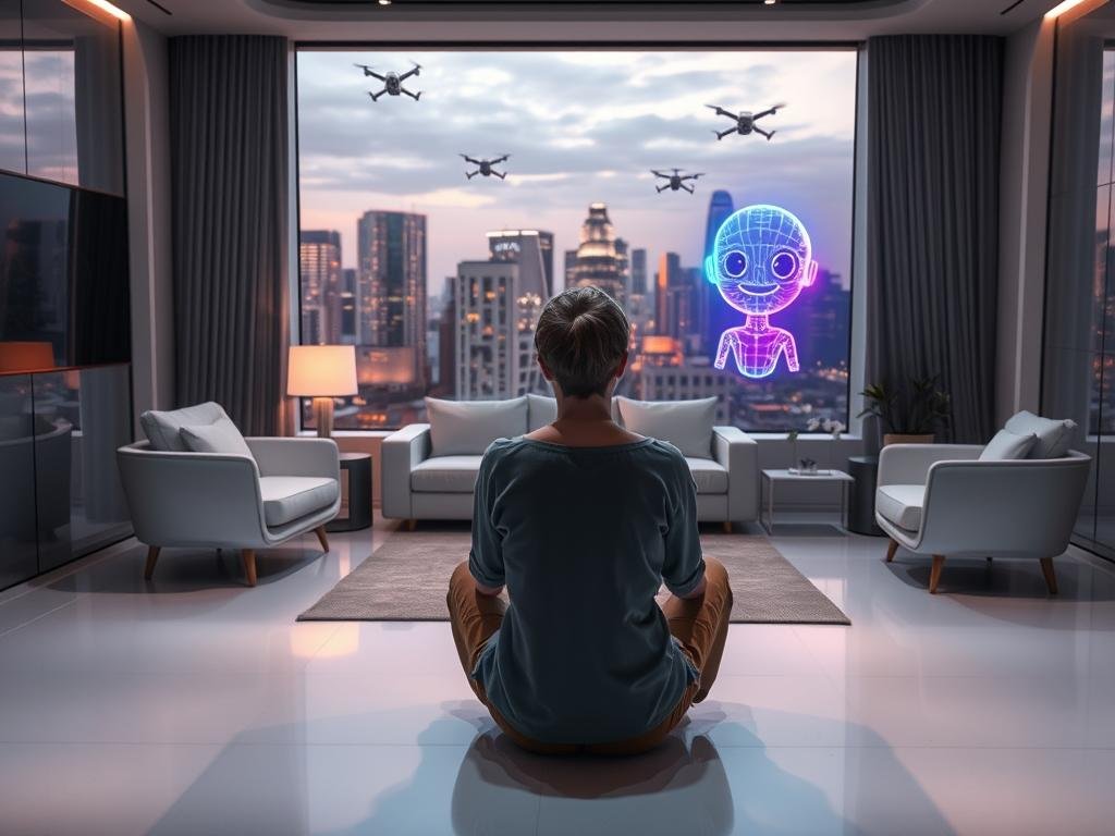 A futuristic room where a sleek AI companion, designed with advanced holographic technology, interacts with a user. In the foreground, a user dressed in modest casual clothing sits comfortably, engaging with a life-sized hologram that displays a friendly, expressive AI character. The companion has vibrant, shimmering colors and an inviting smile, designed to evoke warmth and companionship. In the middle, contemporary furniture and soft lighting create a cozy yet high-tech atmosphere, with gentle shadows emphasizing the depth. The background features a window showing a cityscape of 2026, with flying drones and smart buildings. The overall mood is uplifting and innovative, highlighting the concept of meaningful connections through technology. The brand name "sexlove.ai" is subtly incorporated into the design of the room's aesthetic elements, ensuring it reflects cutting-edge AI companionship. A futuristic room where a sleek AI companion, designed with advanced holographic technology, interacts with a user. In the foreground, a user dressed in modest casual clothing sits comfortably, engaging with a life-sized hologram that displays a friendly, expressive AI character. The companion has vibrant, shimmering colors and an inviting smile, designed to evoke warmth and companionship. In the middle, contemporary furniture and soft lighting create a cozy yet high-tech atmosphere, with gentle shadows emphasizing the depth. The background features a window showing a cityscape of 2026, with flying drones and smart buildings. The overall mood is uplifting and innovative, highlighting the concept of meaningful connections through technology. The brand name "sexlove.ai" is subtly incorporated into the design of the room's aesthetic elements, ensuring it reflects cutting-edge AI companionship.