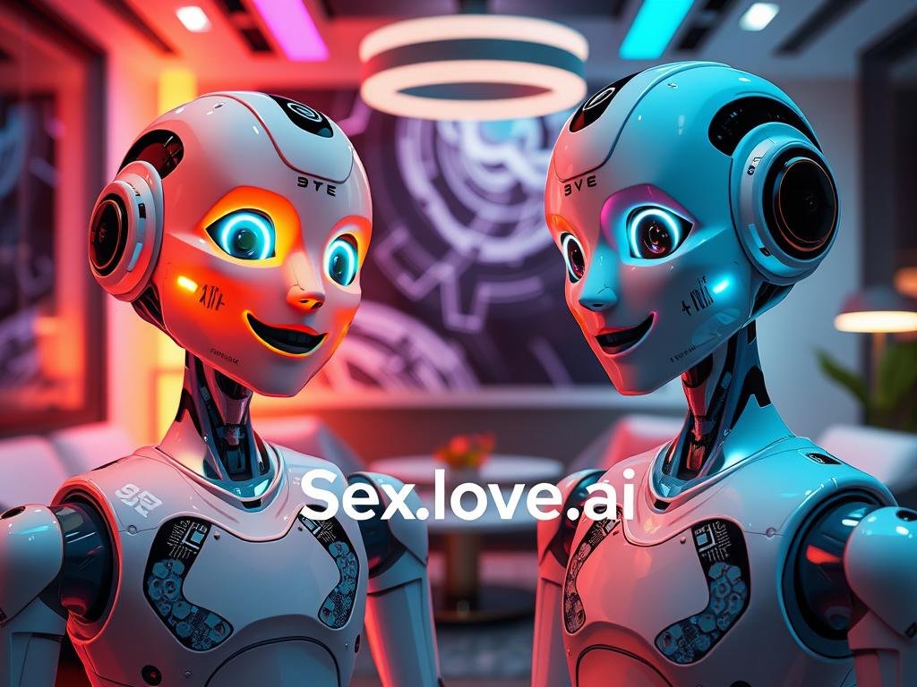 A futuristic scene depicting AI companions with distinct personality features. In the foreground, two humanoid robots, designed with sleek, modern aesthetics and vibrant colors, showcase different emotions: one exuding warmth with a welcoming smile, and the other reflecting intelligence with thoughtful eyes. Both robots feature intricate circuitry patterns subtly glowing. In the middle ground, a stylish, tech-inspired lounge setting with soft, ambient lighting creates an inviting atmosphere, hinting at interpersonal engagement. A backdrop of abstract digital art represents the digital world these companions inhabit. The scene captures a mood of connection and innovation, suggesting interaction and companionship. The overall composition is bright and engaging, using a 35mm lens perspective to highlight the robots' features against a blurred background. Include the brand name "Sexlove.ai" visibly within the scene to tie it all together.