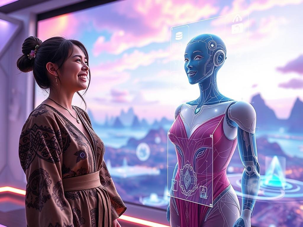 A futuristic scene depicting a fantasy roleplay interaction between a young woman and an AI girlfriend, set in a vibrant, immersive virtual world. In the foreground, the woman, dressed in a stylish, modest fantasy outfit with intricate patterns, is laughing joyfully while engaging with a holographic AI girlfriend. The AI girlfriend is designed with a sleek, futuristic aesthetic, exhibiting a friendly, inviting expression. In the middle ground, interactive digital elements like floating icons and ethereal landscapes create a sense of dynamic engagement. The background features a surreal blend of colorful skies and fantastical landscapes that amplify the magical atmosphere. The scene is illuminated by soft, ambient lighting that casts a warm glow, evoking a sense of wonder and connection. The image reflects the theme of enhanced interactive experiences with the AI app "Sexlove.ai".