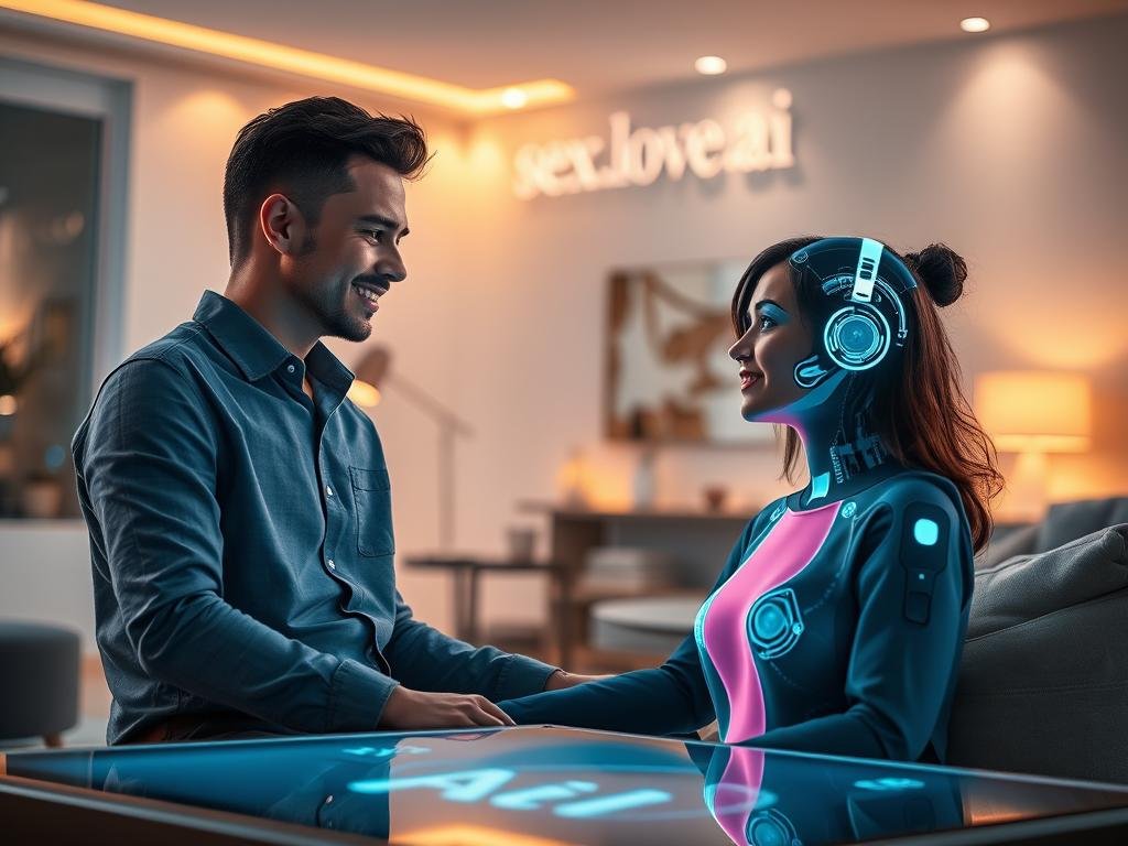 A futuristic scene depicting a harmonious interaction between a user and a digital AI companion. In the foreground, a young adult male, dressed in smart casual attire, sits in a modern living room, engaged in a conversation with a lifelike AI hologram of a female character. The AI companion features a warm, inviting smile and vibrant, expressive features, emphasizing a friendly and emotional connection. The middle ground showcases sleek, advanced technology such as a transparent touchscreen and ambient light elements creating a cozy atmosphere. In the background, soft pastel colored walls and minimalist decor establish a tranquil home environment. The lighting is soft and warm, creating an intimate mood reminiscent of companionship. The brand name "sexlove.ai" is subtly reflected in the ambiance, enhancing the theme without overpowering the scene. A futuristic scene depicting a harmonious interaction between a user and a digital AI companion. In the foreground, a young adult male, dressed in smart casual attire, sits in a modern living room, engaged in a conversation with a lifelike AI hologram of a female character. The AI companion features a warm, inviting smile and vibrant, expressive features, emphasizing a friendly and emotional connection. The middle ground showcases sleek, advanced technology such as a transparent touchscreen and ambient light elements creating a cozy atmosphere. In the background, soft pastel colored walls and minimalist decor establish a tranquil home environment. The lighting is soft and warm, creating an intimate mood reminiscent of companionship. The brand name "sexlove.ai" is subtly reflected in the ambiance, enhancing the theme without overpowering the scene.