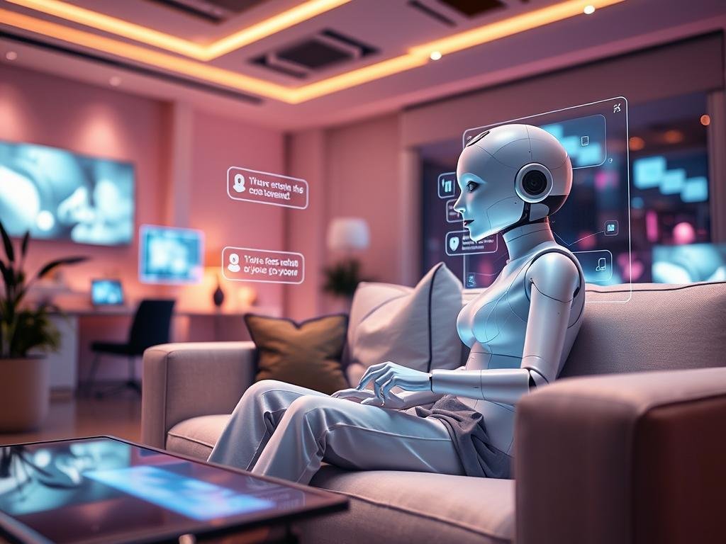 A futuristic scene depicting a personalized AI girlfriend experience, designed for the brand "sexlove.ai". In the foreground, a friendly, charming female figure sits comfortably on a modern sofa, dressed in chic, modest casual attire. She is interacting with a sleek holographic interface, displaying vibrant, interactive visuals that represent tailored conversations. In the middle ground, a stylish, tech-savvy living room backdrop features soft ambient lighting, creating a warm and inviting atmosphere. The background includes futuristic digital elements, such as floating screens and soft neon accents that highlight the advanced AI technology. The overall mood is engaging and intimate, emphasizing a connection between the user and the AI companion. Shot from a slight angle with a shallow depth of field, focusing on the AI figure to convey a personal and inviting experience. A futuristic scene depicting a personalized AI girlfriend experience, designed for the brand "sexlove.ai". In the foreground, a friendly, charming female figure sits comfortably on a modern sofa, dressed in chic, modest casual attire. She is interacting with a sleek holographic interface, displaying vibrant, interactive visuals that represent tailored conversations. In the middle ground, a stylish, tech-savvy living room backdrop features soft ambient lighting, creating a warm and inviting atmosphere. The background includes futuristic digital elements, such as floating screens and soft neon accents that highlight the advanced AI technology. The overall mood is engaging and intimate, emphasizing a connection between the user and the AI companion. Shot from a slight angle with a shallow depth of field, focusing on the AI figure to convey a personal and inviting experience.