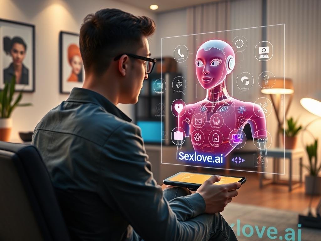 A futuristic scene depicting a virtual AI girlfriend interacting with a user on a sleek digital device. In the foreground, a young professional in smart casual attire, sitting comfortably in a modern home office, gazes at a vibrant, holographic AI companion with glowing features, showcasing a friendly and engaging personality. The middle layer features a high-tech display with various video prompt ideas illustrated as colorful icons around the AI figure, indicating options for dynamic interactions. The background reveals a stylishly decorated room with soft ambient lighting, filled with tech gadgets and plants for a cozy atmosphere. The entire composition should evoke a sense of innovation and companionship, setting an inviting mood perfect for exploring digital relationships. Branding subtly with "Sexlove.ai" integrated into the digital interface, ensuring a polished, professional look.